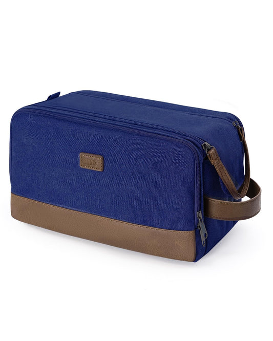 WANDF Toiletry Bag for Men Travel Toiletry Organizer Canvas and Leather Dopp Kit Water-Resistant Shaving Bag for Travel Accessories (Blue, Large)