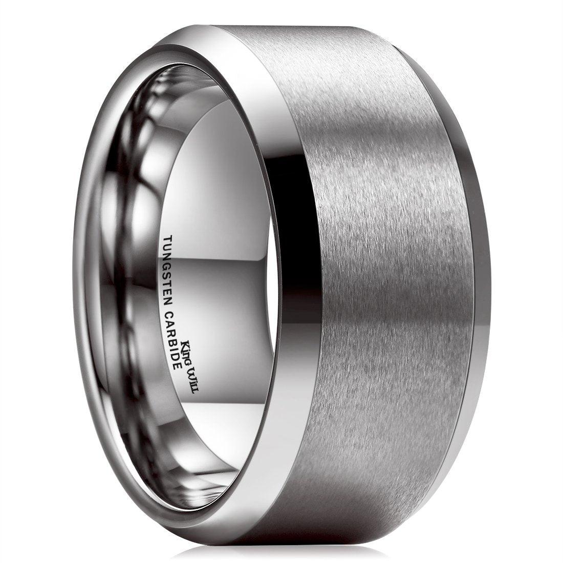 King Will 10mm Silver Men's Wedding Ring - Brushed Matte Finish, Beveled Polished Edge, Comfort Fit Size 9.5