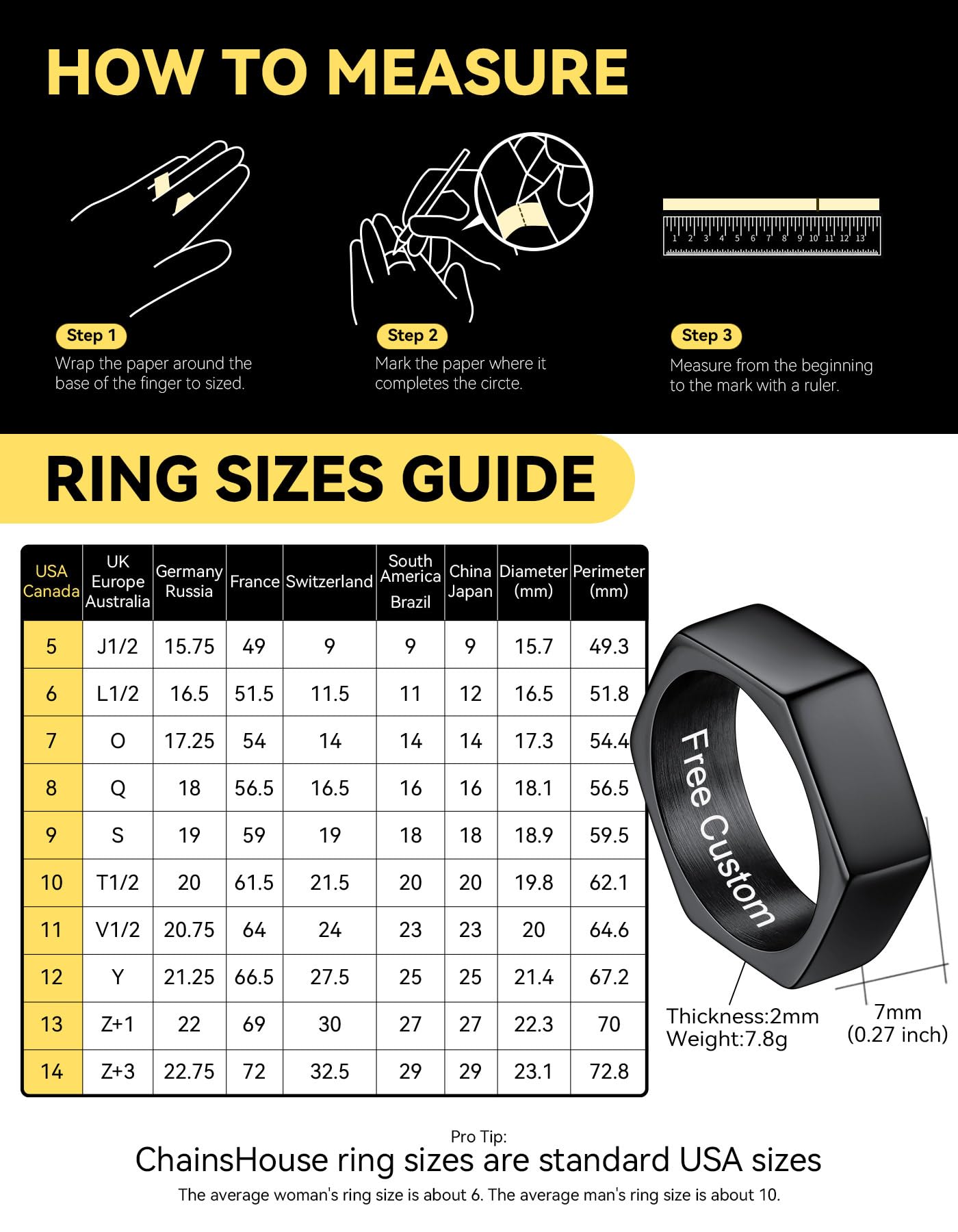 ChainsHouse Personalized Engravable Stainless Steel Black Hexagon Geometric Biker Ring Bands, Size 9