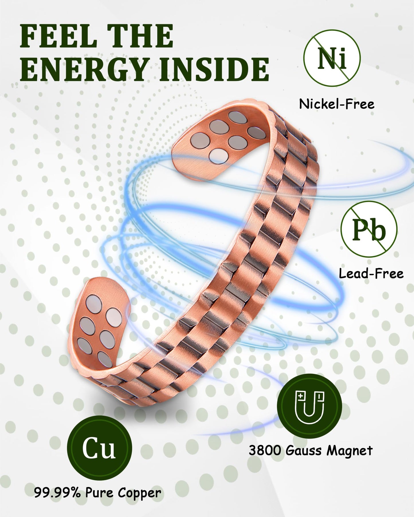 MagEnergy Copper Bracelet for Men, 18X Strength Magnetic Bracelet with 3800 Gauss Magnets, 99.99% Pure Solid Copper, Men's Jewelry Gift (Copper-Classic)