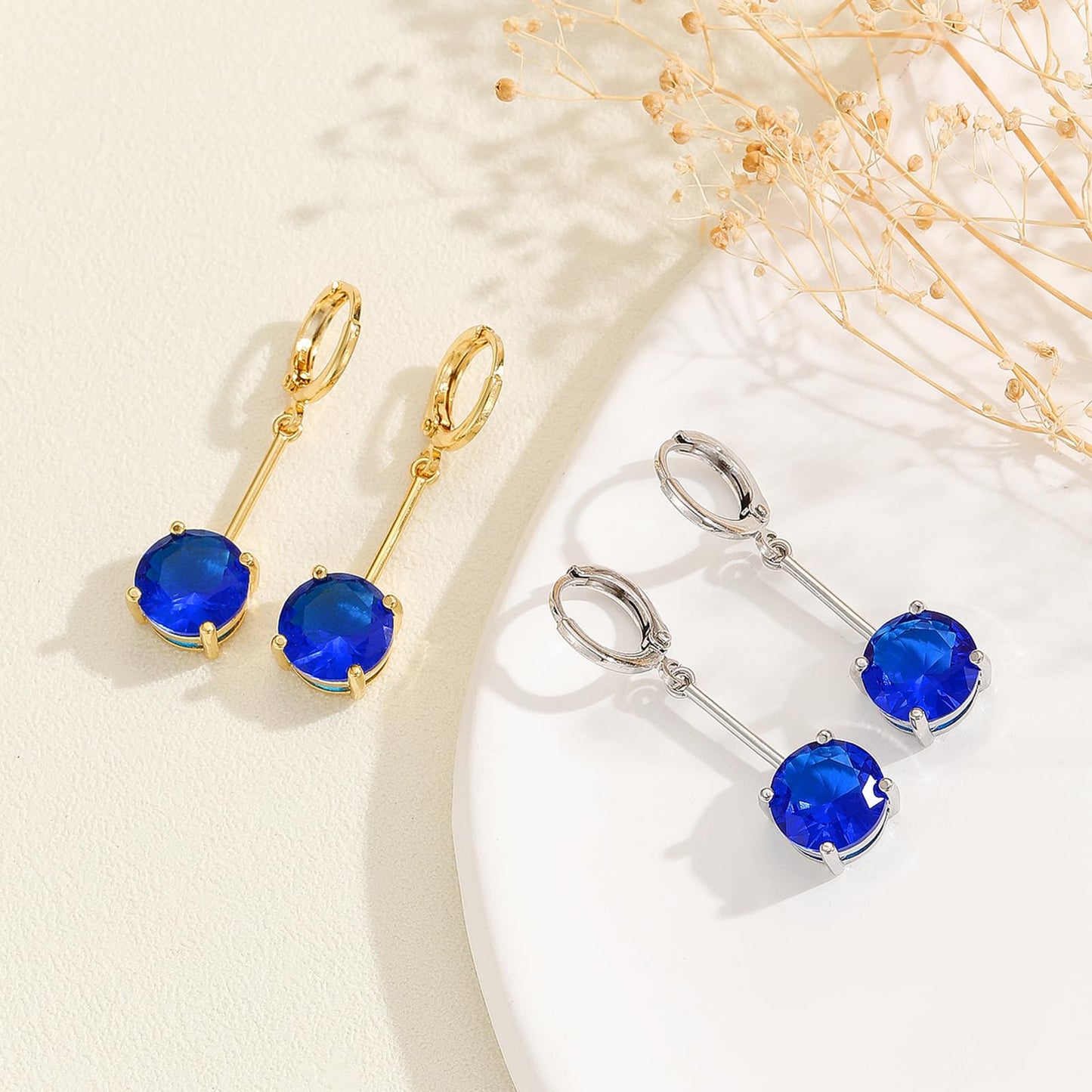 VONSSY Gemstone Drop Dangle Earrings | Platinum /Gold Plated Leverback Crystal Cubic Zirconia Hanging Red /Pink/Blue Earrings (Sapphire Blue-Platinum)