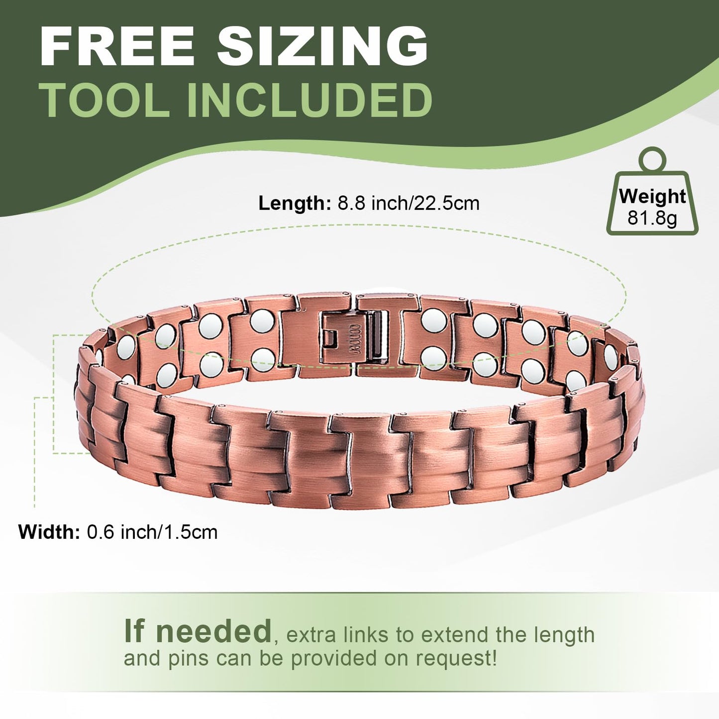 MagEnergy Mens Copper Magnetic Bracelets 9" Link Adjustable 99.9% Pure Copper with Double Raw 3500 Gauss Magnets Jewelry Gifts