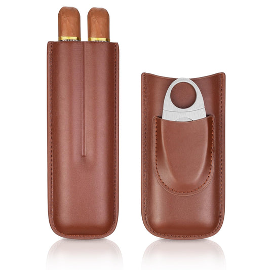 cgaplus 2-Finger Leather Cigar Case with Cutter Cedar Wood Lined Cigar Humidor Portable Travel Cigar Case(Brown)