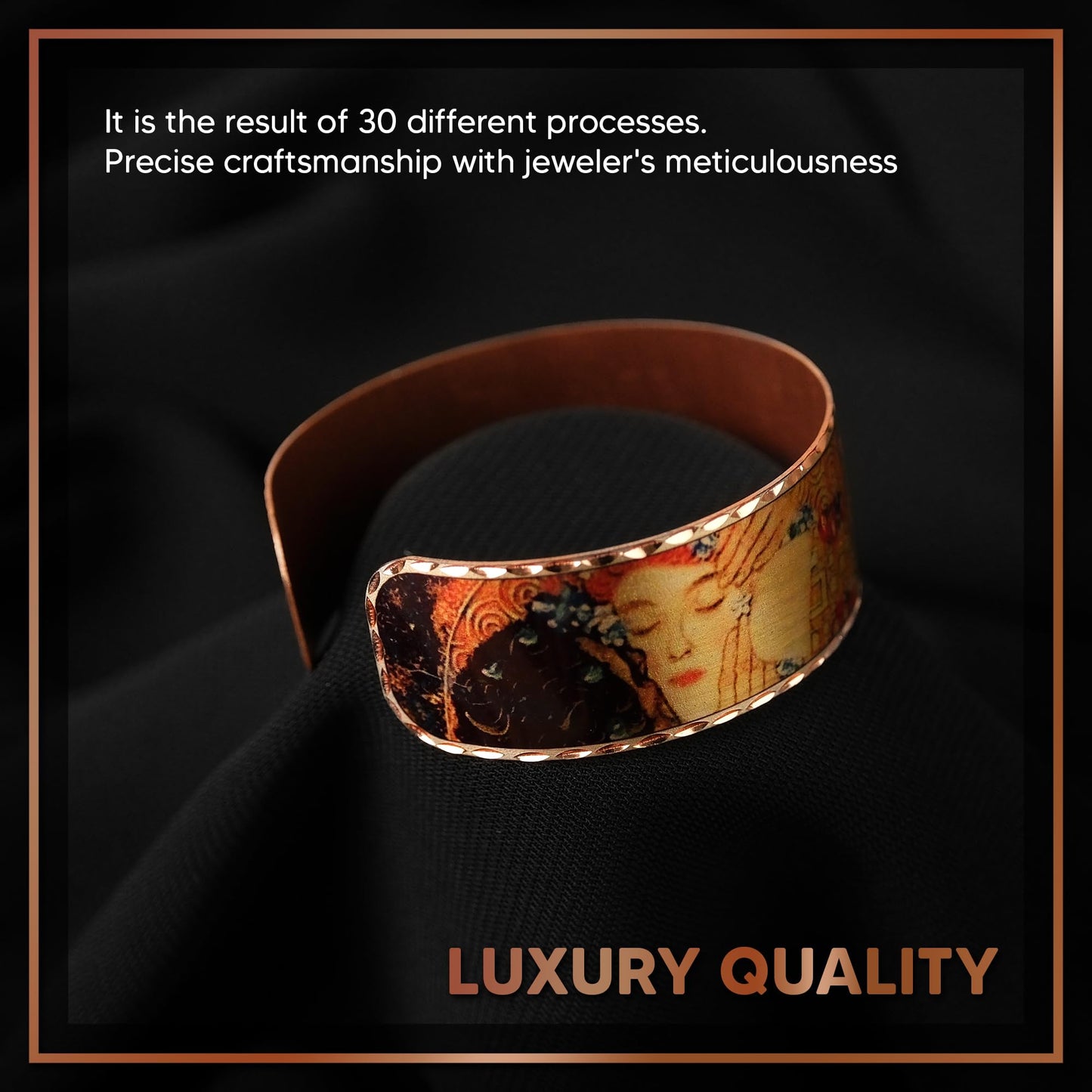 Moreni Copper Bracelet for Women – Handmade Engraved Cuff Inspired by “The Kiss” – Artistic Pure Copper Jewelry with Gift Wooden Box