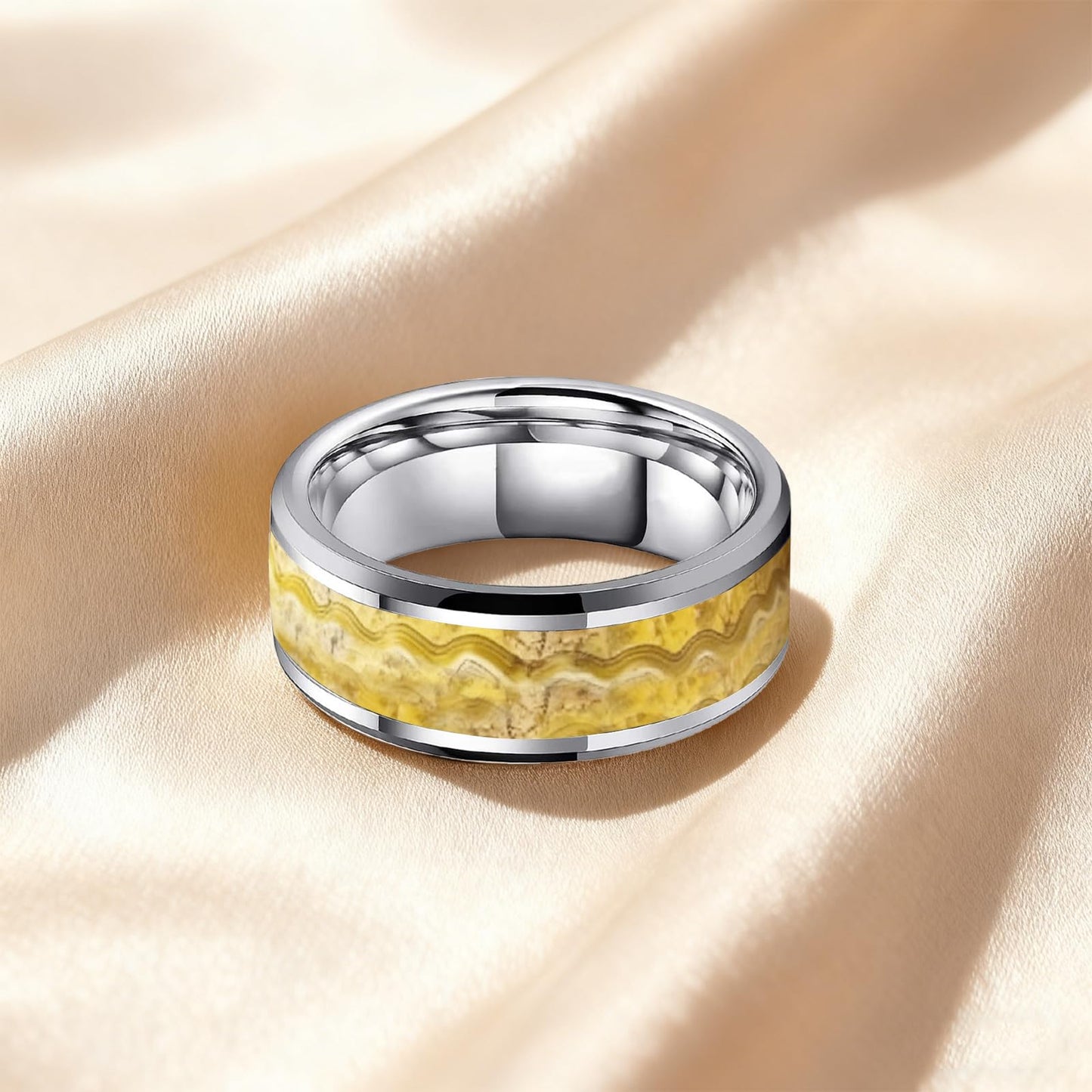 HJIMMNHONG New Carbon Fiber Fashion Rings Double Beveled Edge Delicate Polished Simple Stainless Steel Mens and Women Rings,8mm,Size Available (Flowing-sand Gold, 10)