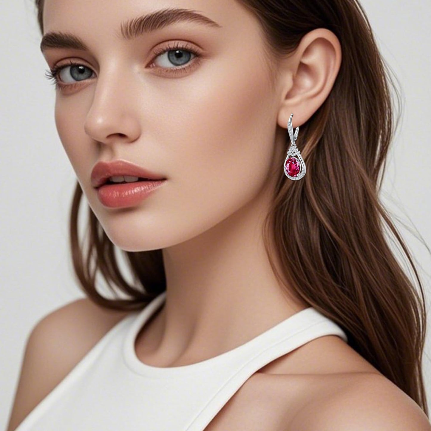 Red Ruby Dangle Earrings July Birthstone Sterling Silver Teardrop Leverback Drop Earring for Women Wedding Jewelry for the Bride Oval Cut CZ Earrings Anniversary Birthday Gifts for Wife Mom