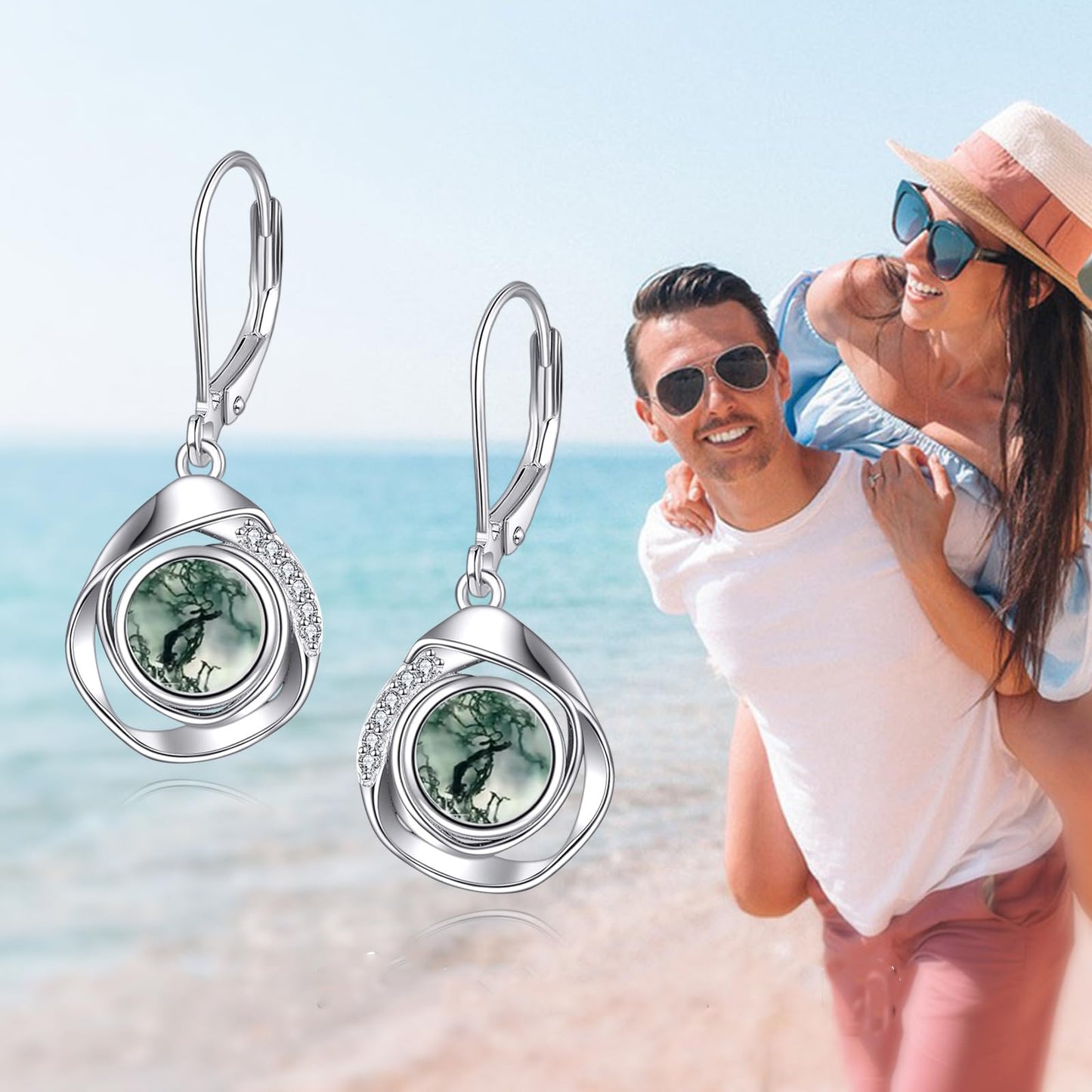 925 Sterling Silver Moss Agate Leverback Earrings Dangle Drop Jewelry Gifts for Women (Moss Agate)