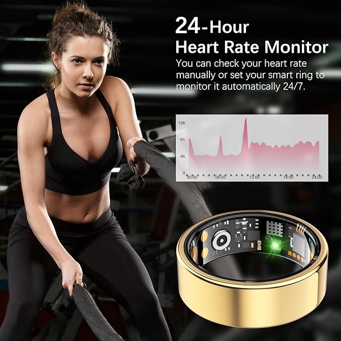 Ring Health Tracker for Women Men, Fitness Tracker with Heart Rate, Blood Oxygen, Sleep Monitor, Calories, Step Counter, IP68 Waterproof Smart Ring for iPhone & Android, No Subscription Fee (Gold, 7#)