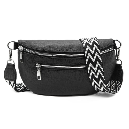 Long Keeper Faux Leather Crossbody Bags Bum Bag for Women Fanny Pack Lady Trendy Shoulder Sling Bag Waist Bags Belt Bag (Matte Black)