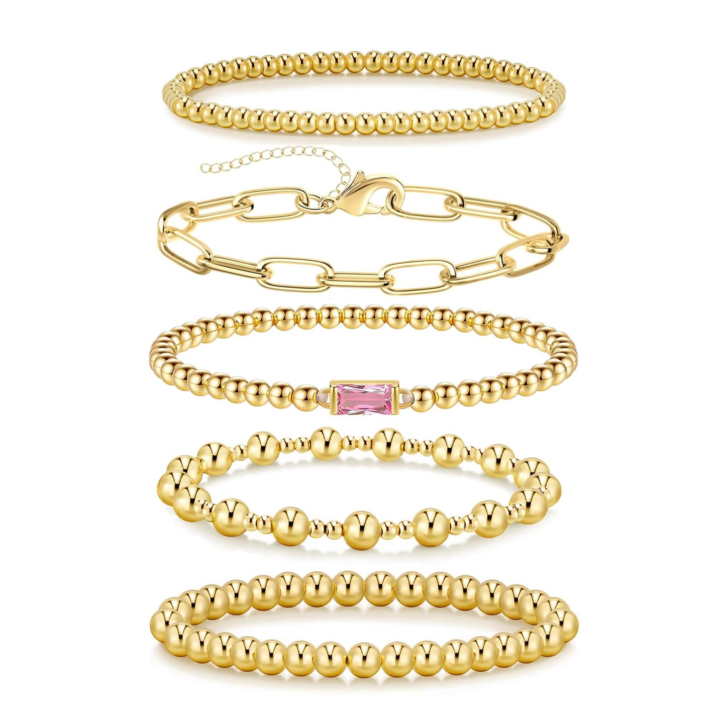 5 PCS Gold Bracelets for Women, Dainty Birthstone Bracelet 14K Gold Plated Stackable Paperclip Cuban Link Chain Bead Bracelets, Fashion Trendy Jewelry Sets Birthday Gifts