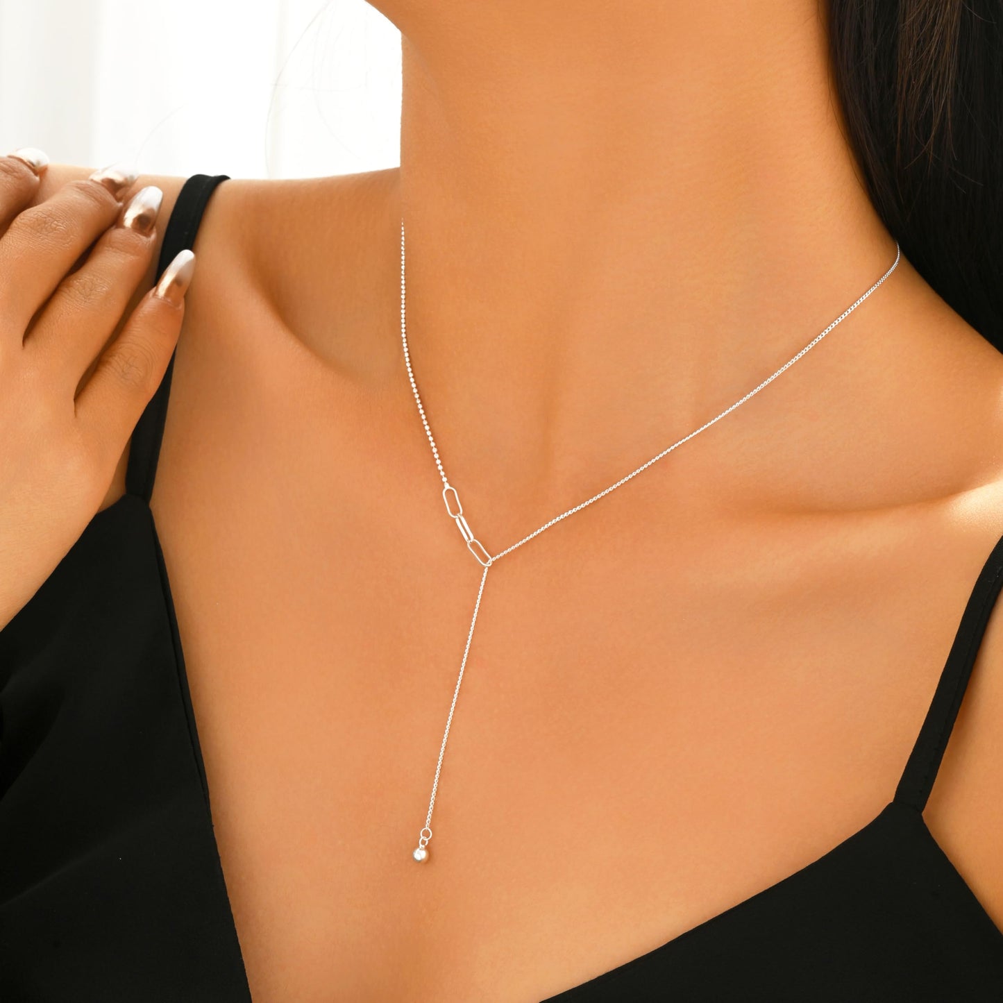 Lariat Necklace for Women,925 Sterling Silver Dainty Y Shaped Bead Necklaces Adjustable Beaded Drop Necklaces Irregular Choker Necklace for Mother Daughter Birthday Mother's Day Jewelry Gifts (Silver)