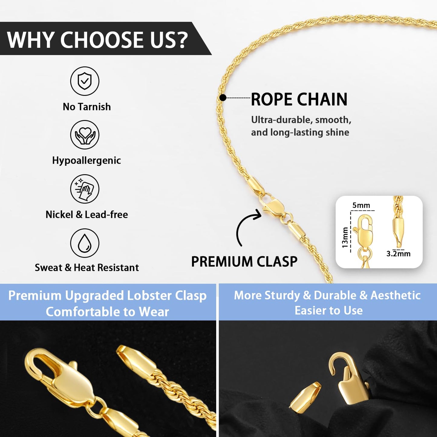 Jewlpire 14K Gold Plated Chain Necklace for Women, 2.5mm Rope Chains 14K Gold Plated Chain for Women Sturdy Womens Chains Necklaces, 20 Inch