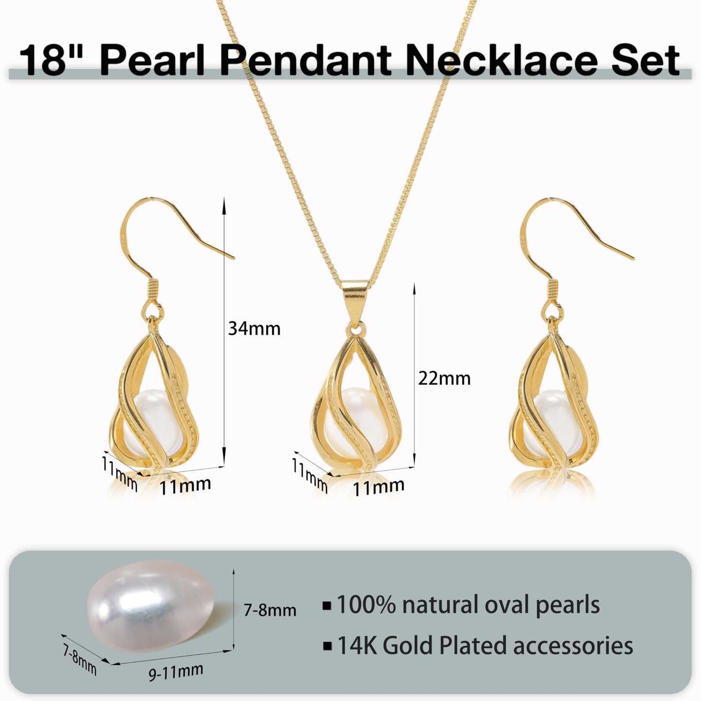 HENGSHENG Pearl Jewelry Set For Women 14K Gold Plated Necklace & Earrings Set Freshwater Pearl Pendant Cage Set for Wedding Anniversary Prom Birthday Gift - Golden White