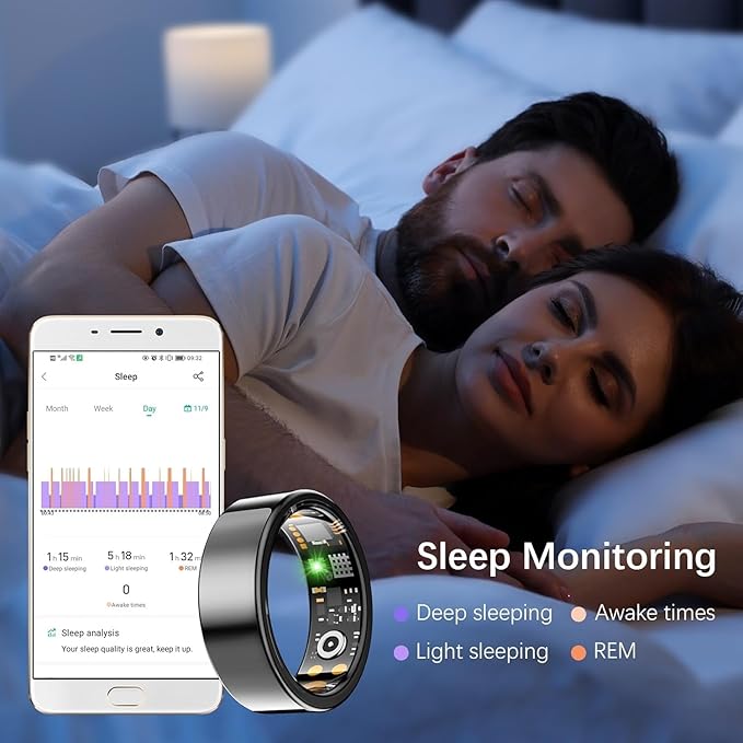Health Tracker Ring, Smart Health Ring for Women Men with Heart Rate, Blood Oxygen, Sleep Monitor, Steps,Calories, No Subscription Fee, IP68 Waterproof Smart Ring for iPhone & Android (Black, 7#)
