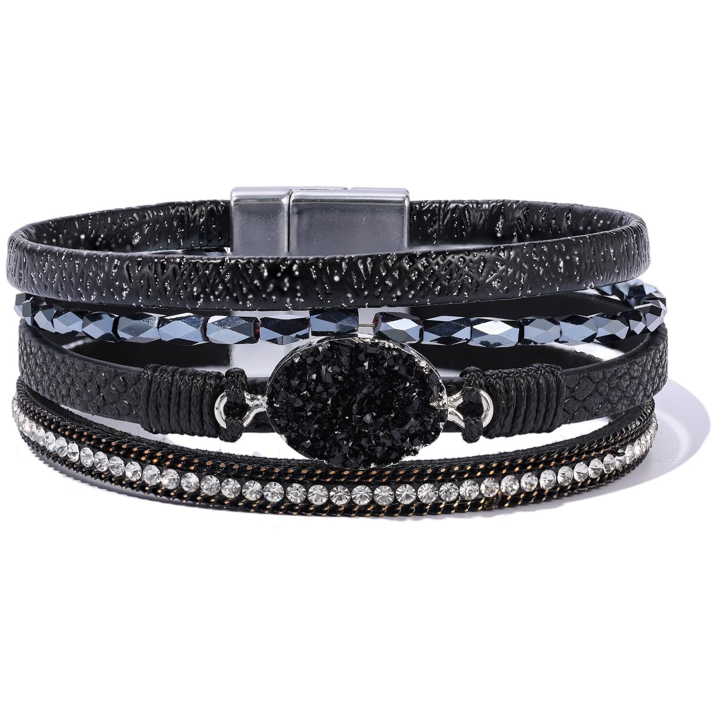 Becklynn Boho Leather Wrap Bracelets Beaded Crystal Stackable Cuff Bracelet with Magnetic Clasp Cowboy Cowgirl County Concert Outfits Western Jewelry Gifts for Women(Stone Black)