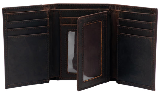 WULOUJIE Mens large-capacity Trifold wallet with 2 ID Window，Genuine Leather RFID Blocking 11 card slots Wallet for Men (Dark brown)