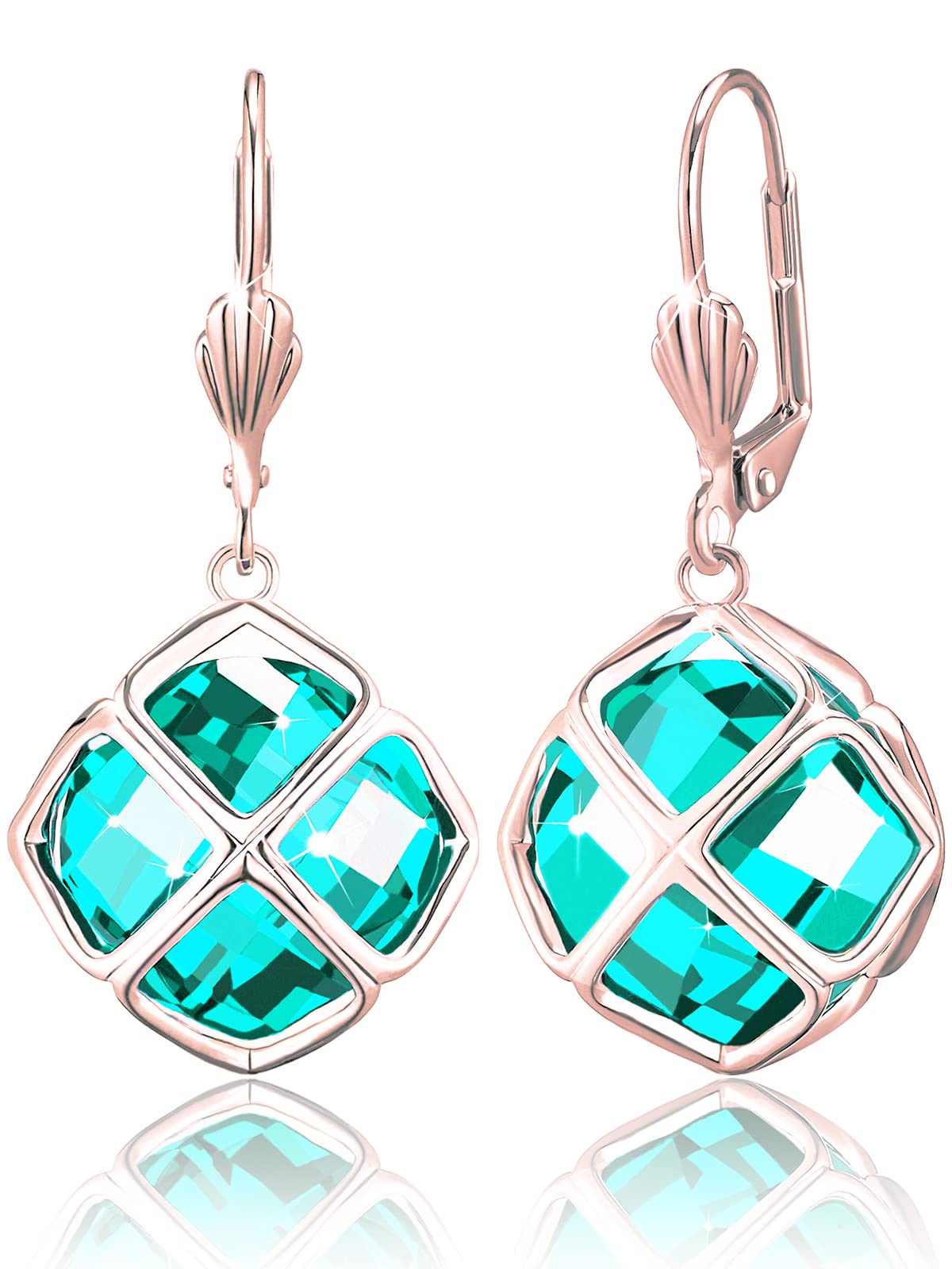 Big Blue Crystal Dangle Earrings for Women (Dec-Turquoise-Rose Gold)