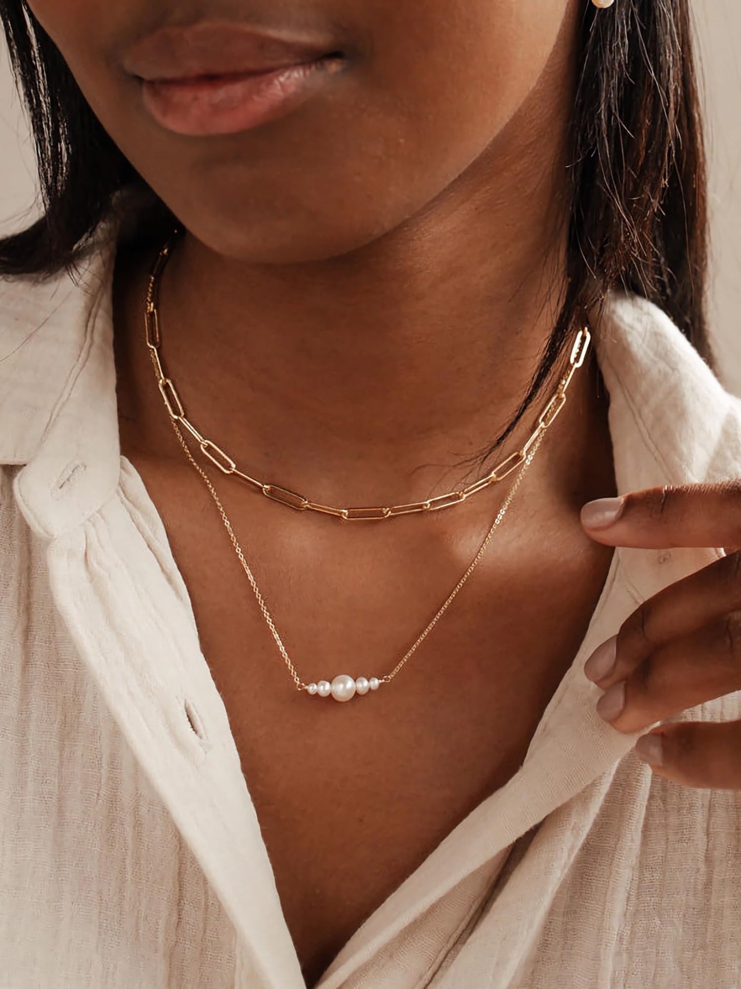 MSCHA HOME Gold Necklace for Women Stack Trendy Non Tarnish Paperclip Choker Chain Pearl Pendant 14K Gold Plated Simple Dainty Double Layered Jewelry Set Gift