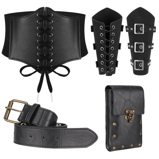Magibag Women Renaissance Corset Belt Pouch Halloween Medieval Renaissance Costume Accessories (Black Arm Guards Set, L/Waist 32"-43")
