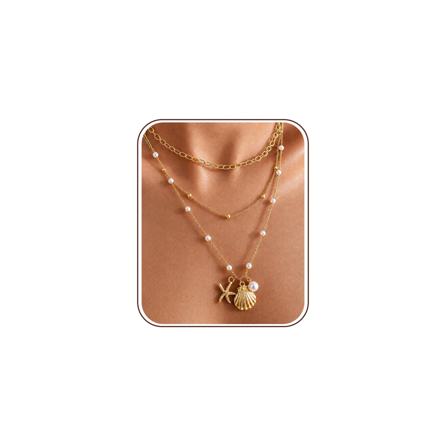 Seashell Necklace Beach Starfish Layered Necklaces for Women Non Tarnish Waterproof Gold Necklace Stack Dainty Paperclip Cute Shell Pearl Pendant Ocean Charm Trendy Summer Beach Vacation Jewelry Gift (3pcs Starfish&Shell&Pearl)