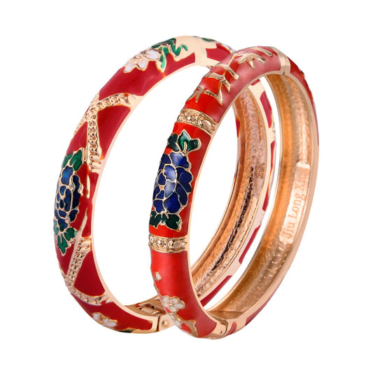 UJOY Gorgeous Bracelets Enameled Floral Cloisonne Gift Plated Cuff Bangles Jewelry Sets Box for Women 55A127-55A128 red