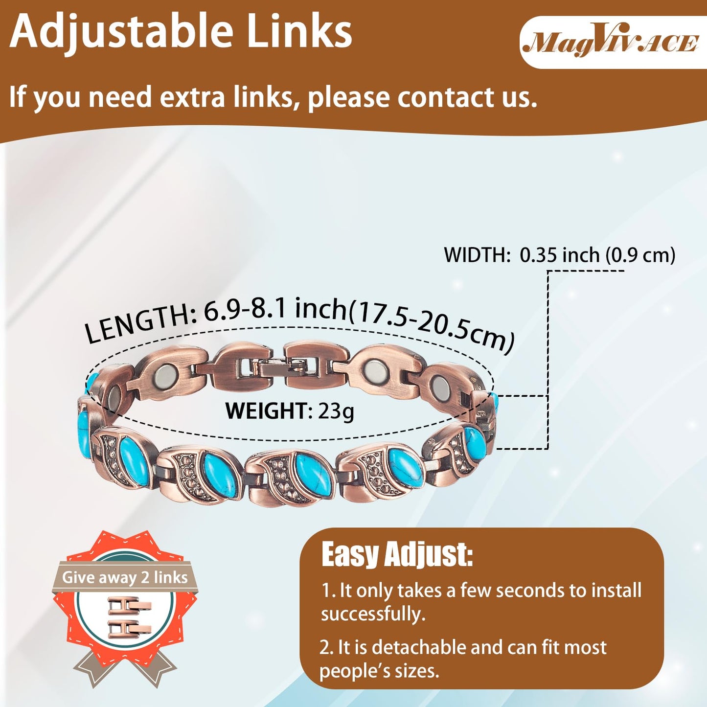 MagVIVACE Women Copper Magnetic Bracelet for Arthritis, Pure Copper Jewelry, Lymph Detox Bracelets with 3500 Gauss Magnet(C)