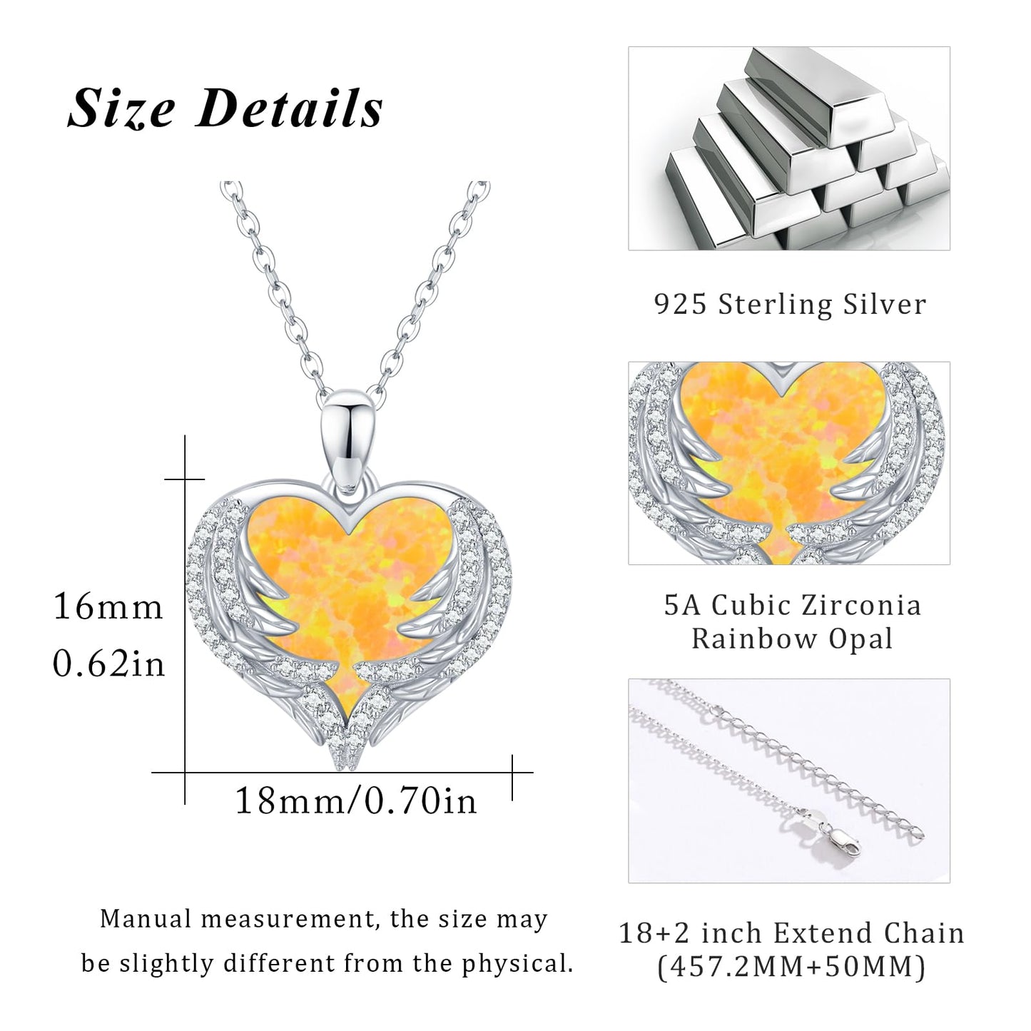 CUOKA MIRACLE Heart Necklace Angel Wing Heart Opal Necklace 925 Sterling Silver Women Necklace Guardian Angel Wings Pendant Necklace Dainty Opal Jewelry Birthday Gifts for Mom Women (Yellow Opal Wings)