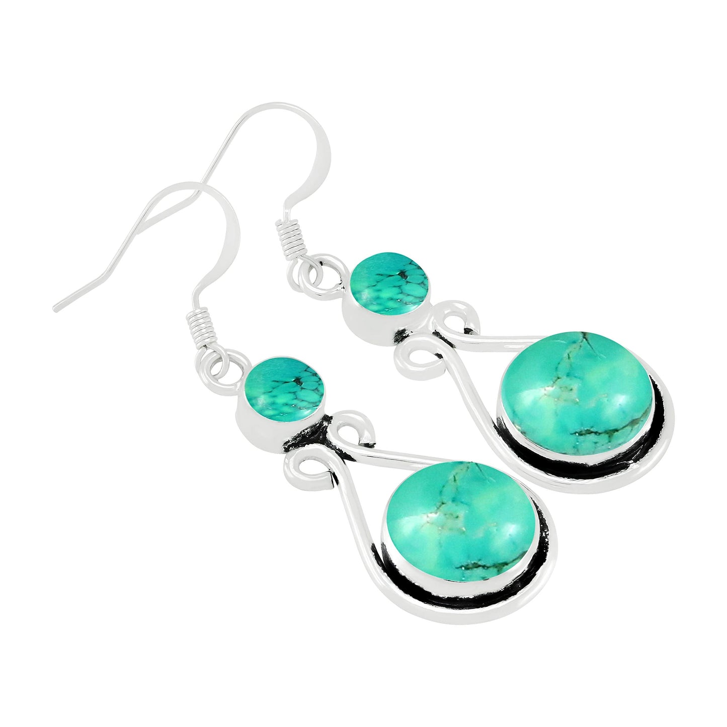 Natural Turquoise Silver Plated Dangle Earrings for Women - December Birthstone Round Gemstones Drop Earrings Handmade Jewelry - Women's Day Gift for Her