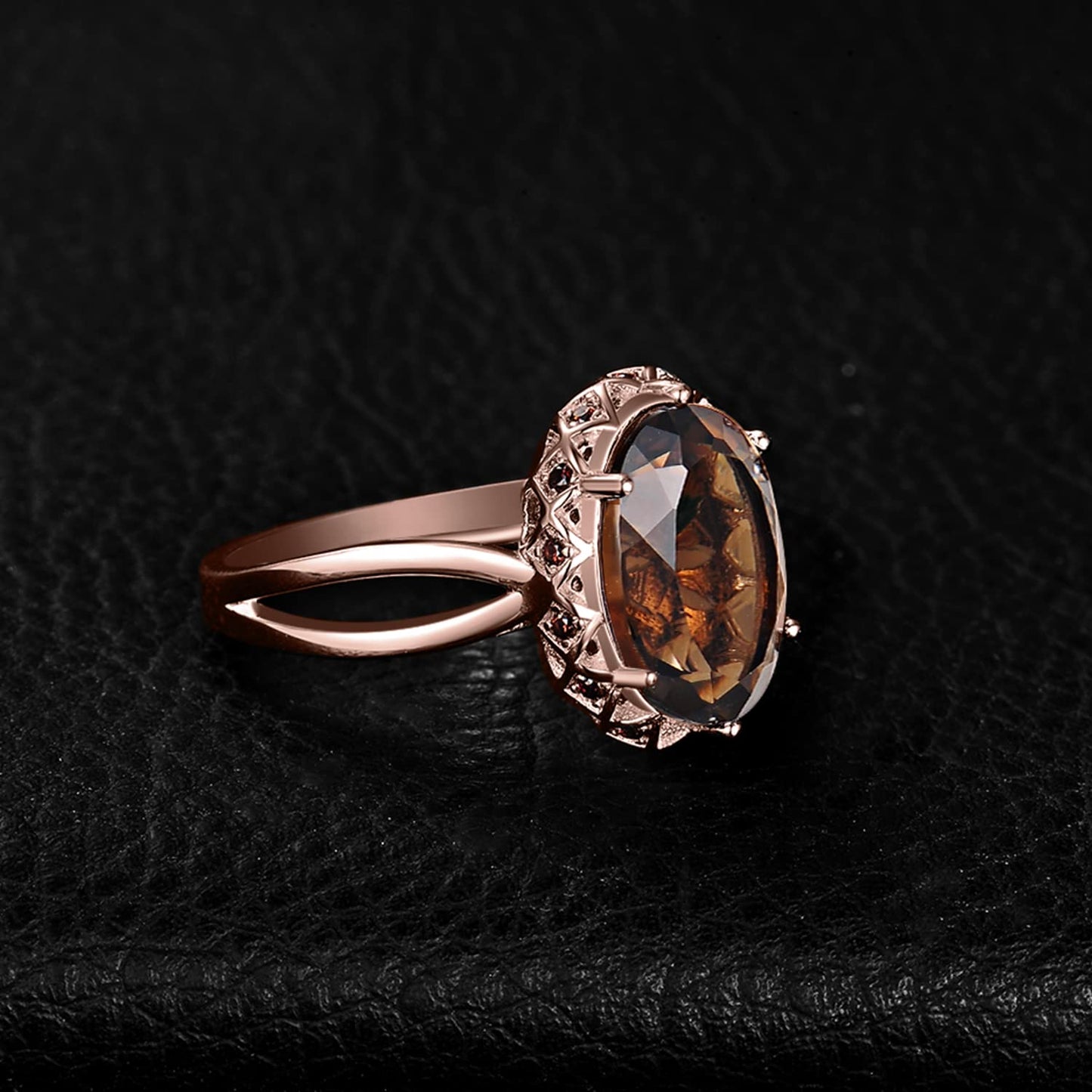 JewelryPalace Huge Oval Shape 5.7ct Genuine Smoky Quartz Cocktail Rings for Her, 14K Rose Gold Plated 925 Sterling Silver Ring for Women, Natural Gemstone Jewelry Sets Rings 6