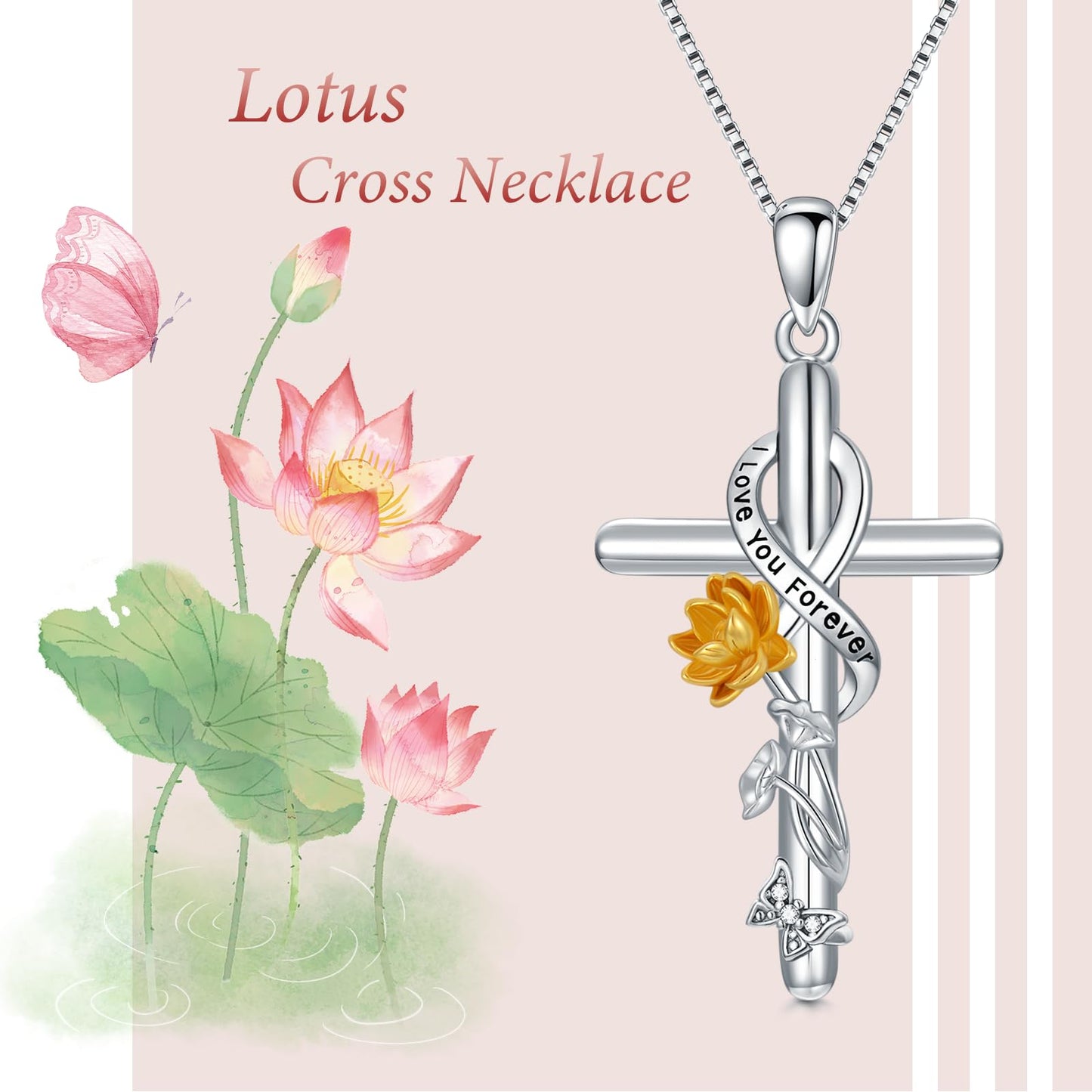 Flpruy Lotus Necklace for Women - 925 Sterling Silver July Birth Flower Cross Pendant - Lotus Jewelry Birthday Gift