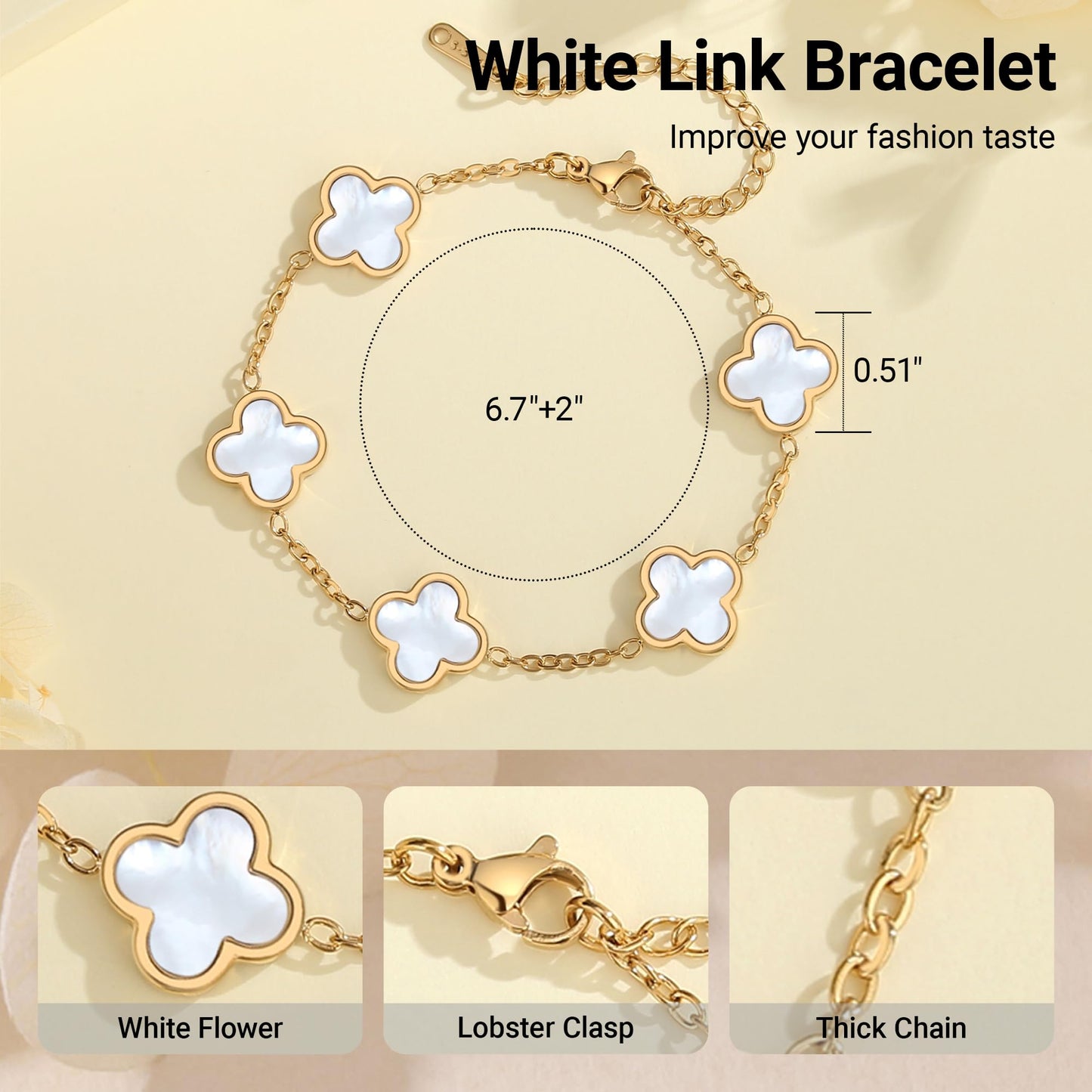 CORSMGSE 18K Gold Plated Clover Lucky Bracelet for Women Gold White Black Pink Green Red Blue Adjustable Double Sided Flower Four Leaf Link Bracelets Trendy Jewelry Gifts for Women Men