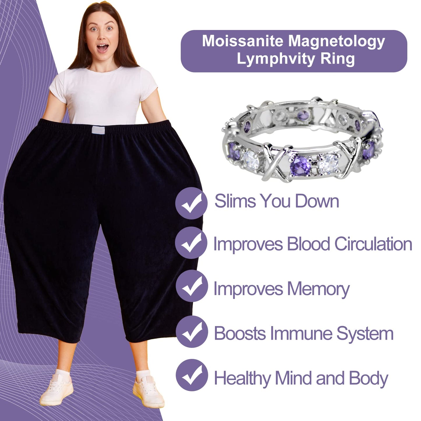 Moissanite Magnetology Lymphvity Ring, Magnetic Zircon Shaping Cross Full Moissanite Diamond Ring, Moissanite Rings for Women Weight Loss, Unclog Bloodstream and Lymph Nodes (Purple Gold, 7)
