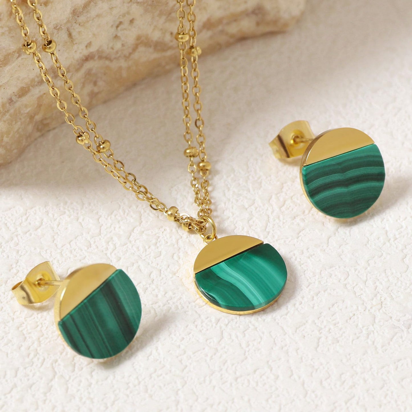 TaYolnFaSo Natural Malachite Jewelry Set for Women 18K Gold Plated Malachite Stud Earrings Double Chain Necklace Set Dainty Jewelry Gift