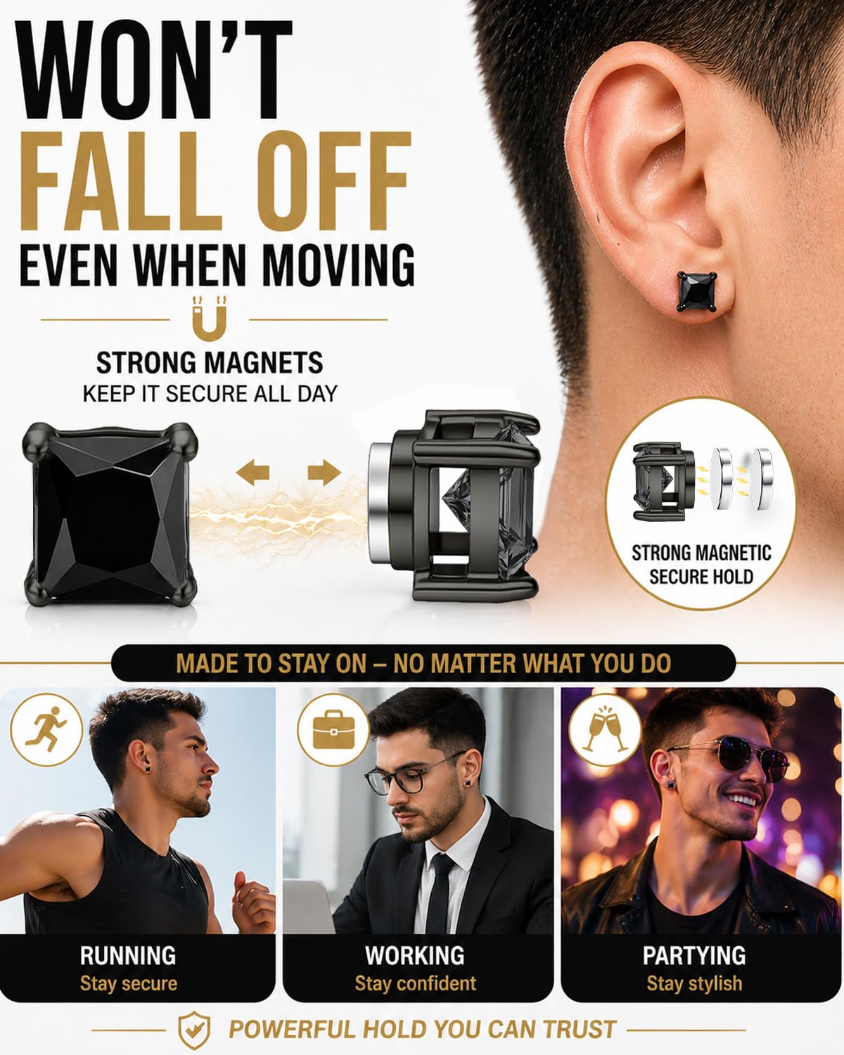 BEFOSHINN Magnetic Stud Earrings for Men and Women, No Piercing Needed, 5 Pairs 316L Stainless Steel CZ Clip On Ear Studs, 6mm Fake Earrings for Non Pierced Ears, Silver Black Gold Rose Gold