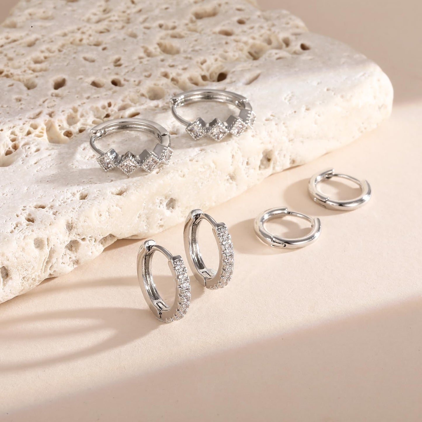 CAROVO 3 Pairs Silver Hoop Earrings for Women Trendy Dainty 14K Gold Plated Cubic Zirconia Huggie Hoop Earrings Stack for Multiple Piercing Jewelry