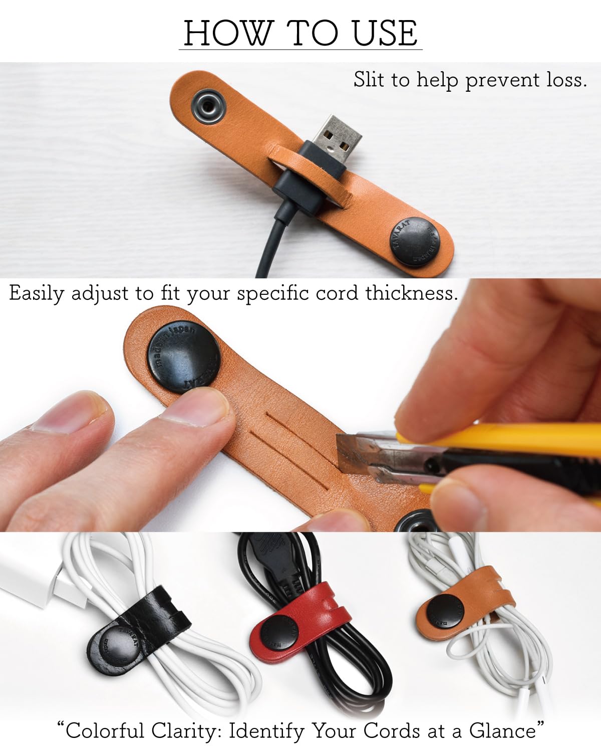 TAVARAT Cord Organizer, Long size, Cable Organizer, Charger Organizer, made in Japan, Genuine Leather, Cable Straps, (Long size, Black, set of 3)
