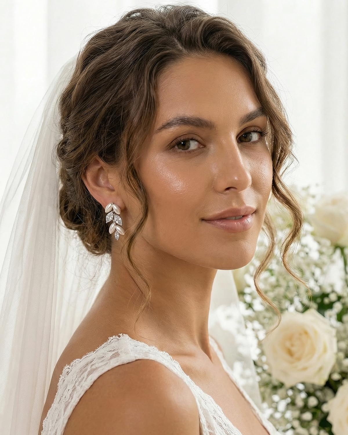 PRTGL Pearl Drop Earrings - Silver 14K White Gold Plated Cubic Zirconia Accented Pearl Drop Earrings for Women Wedding Bridal