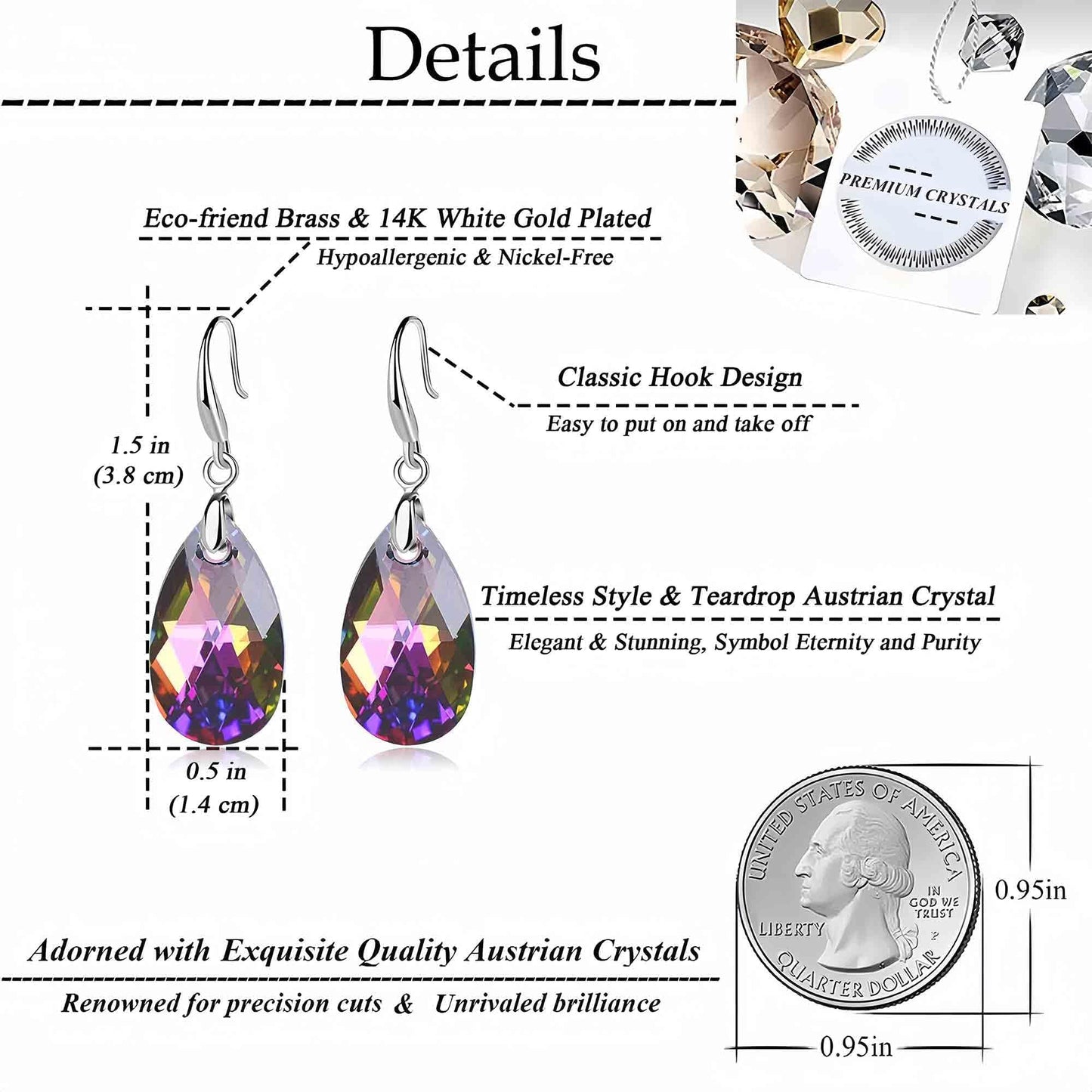 Austrian Crystal Teardrop Dangle Hook Earrings for Women 14K Gold Plated Hypoallergenic Jewelry (Rainbow Crystal)