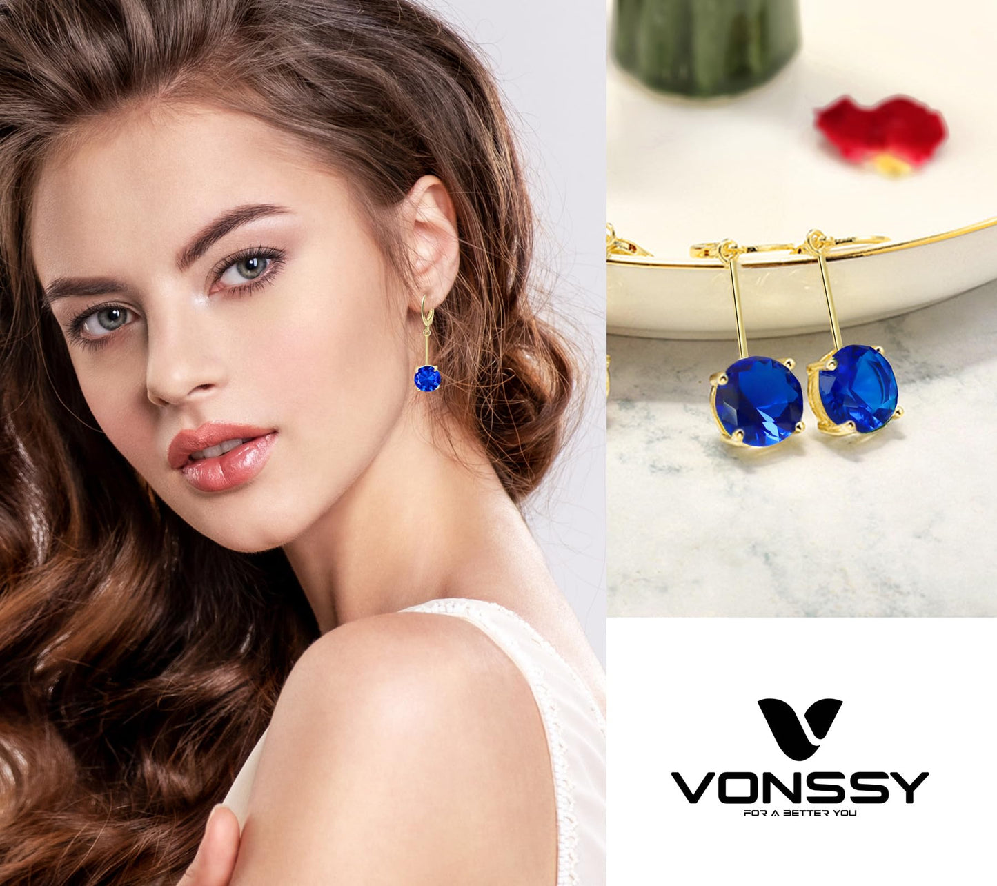 VONSSY Gemstone Drop Dangle Earrings | Platinum/Gold Plated Leverback Crystal Cubic Zirconia Hanging Red/Pink/Blue Earrings (Sapphire Blue-Gold)