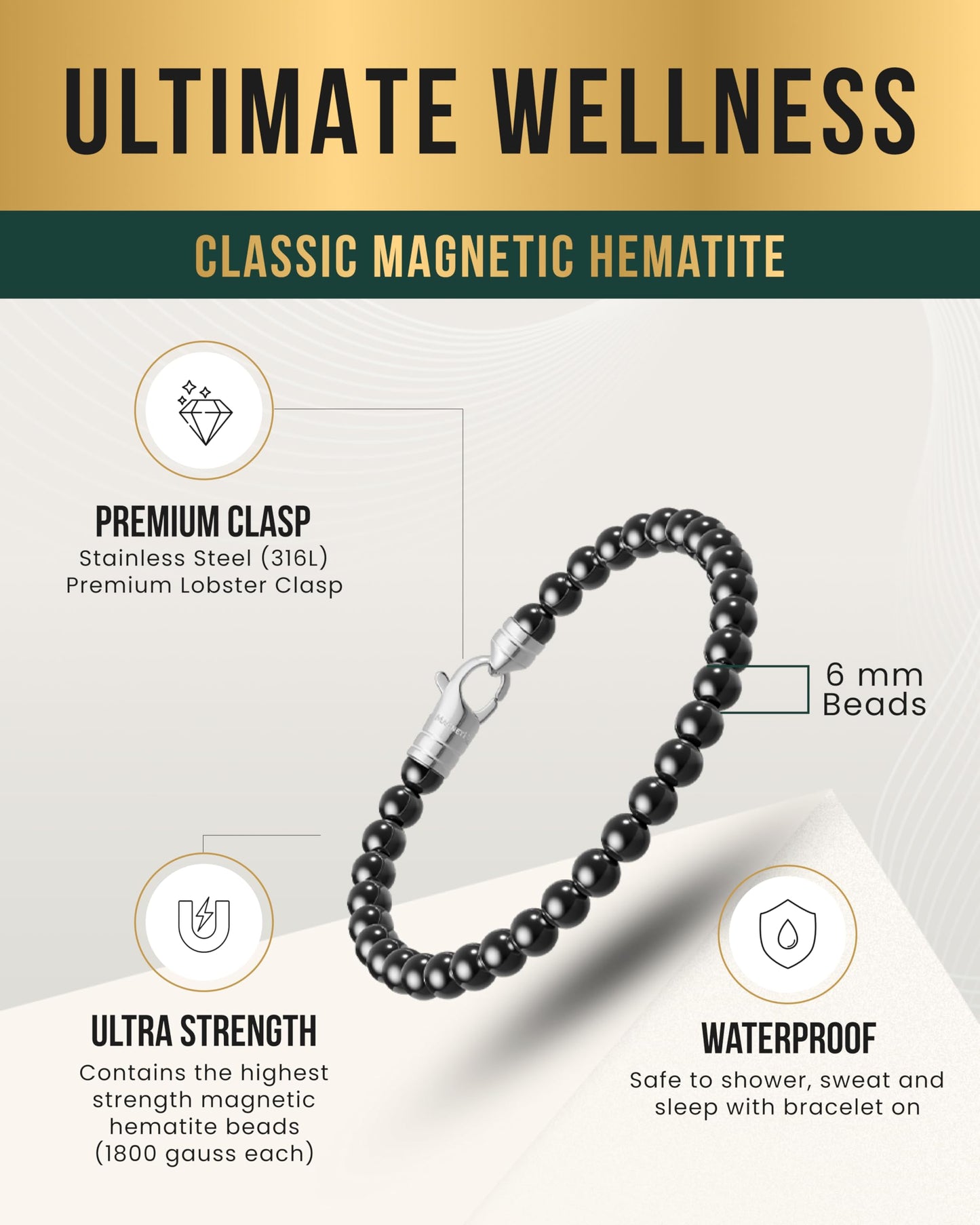 MagnetRX® Hematite Magnetic Bracelet – Max Strength Magnet Stones – Elegant Beaded Hematite Bracelets for Men and Women (Classic | Large)