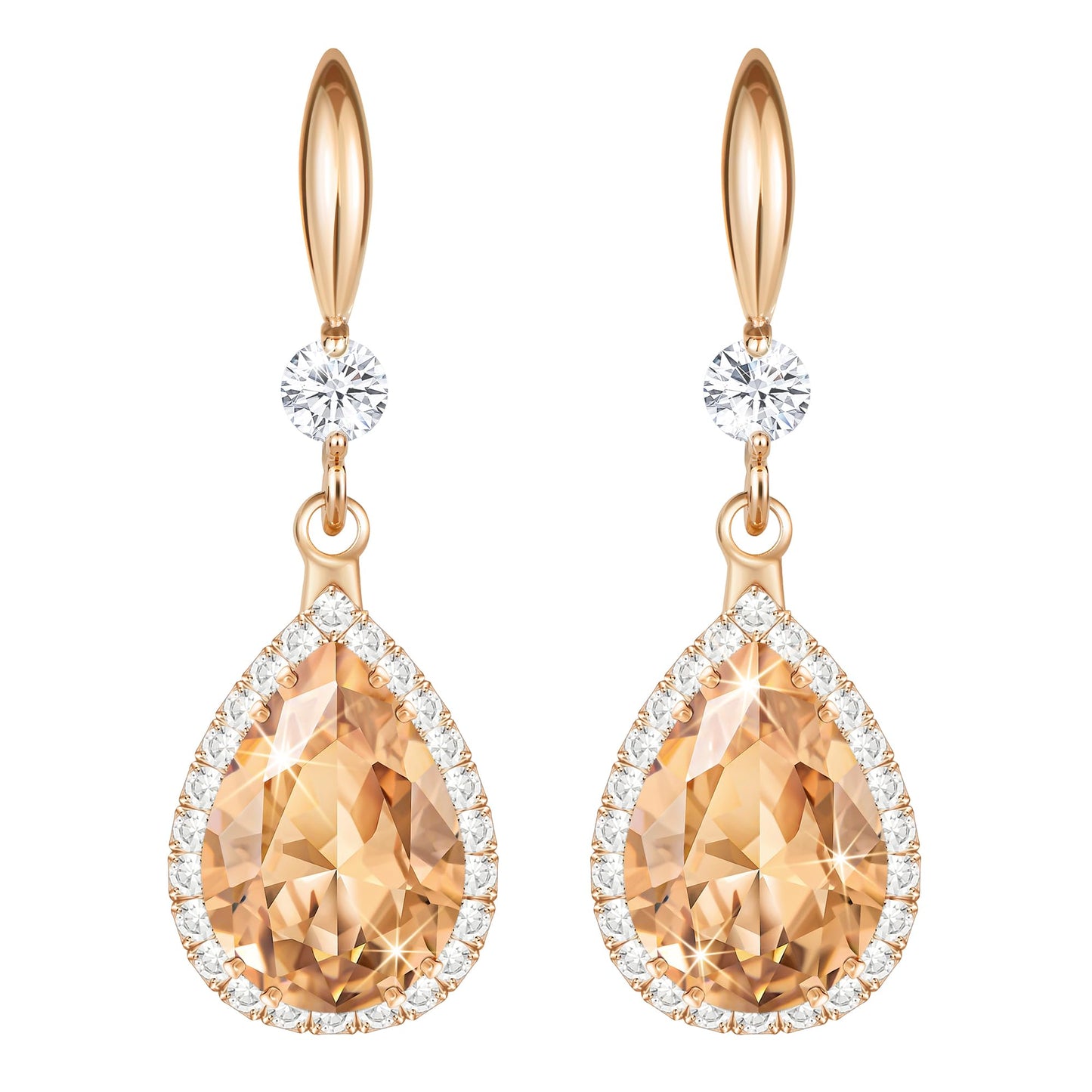 Linawe Rose Gold Color Dangly Earrings, Champagne Cubic Zirconia Drop earrings for Women Trendy, Birthstone Pear Shaped Fall Formal Earrings for Evening Wear