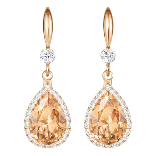 Linawe Rose Gold Color Dangly Earrings, Champagne Cubic Zirconia Drop earrings for Women Trendy, Birthstone Pear Shaped Fall Formal Earrings for Evening Wear