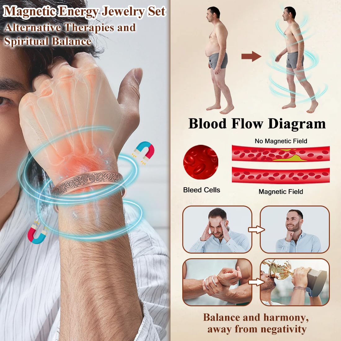 Cigmag Copper Bracelet for Men, with Powerful 9X 5000 Gauss Magnets, Adjustable Solid Pure Copper (Celtic Sun Moon Life Tree)