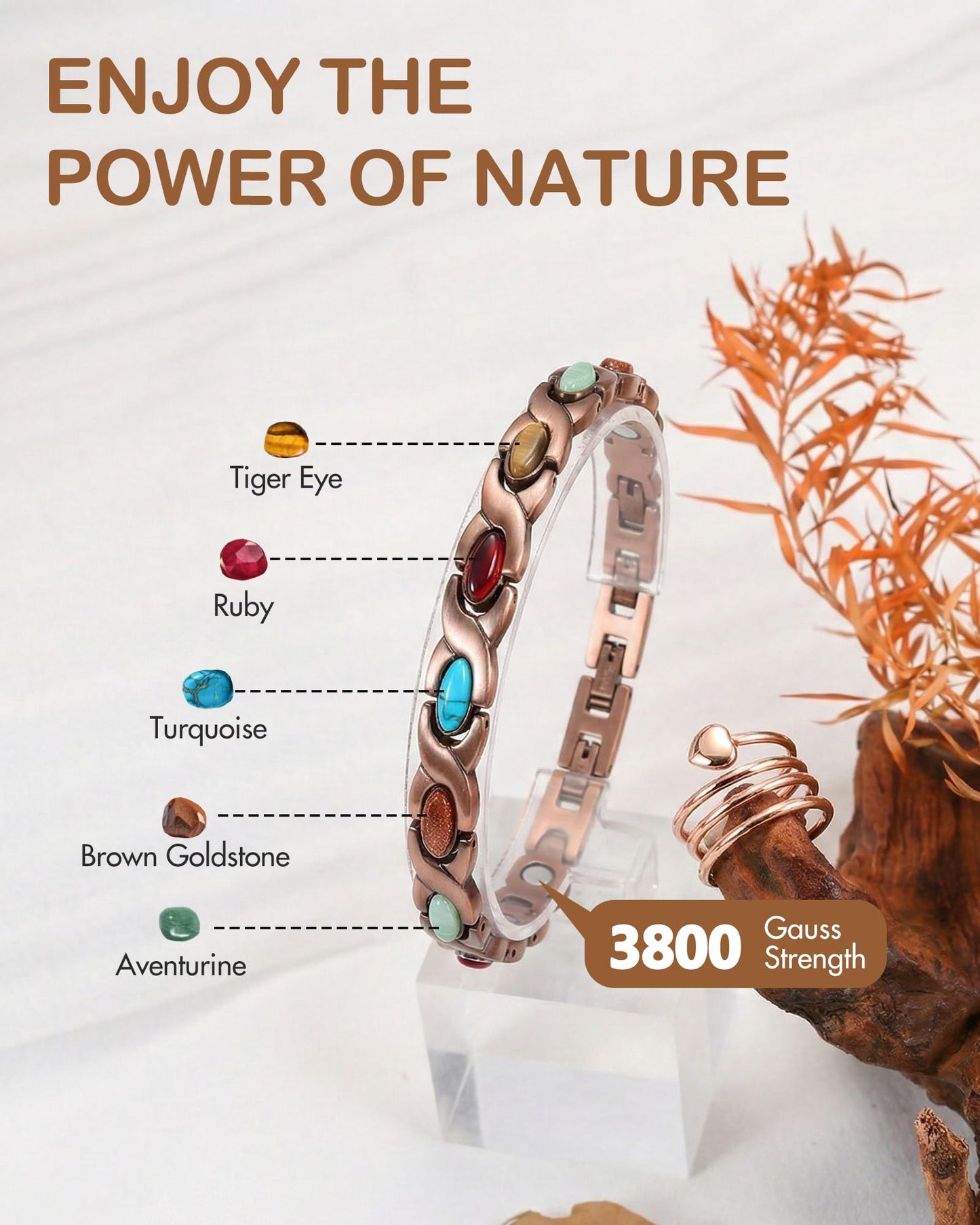 Feraco Pure Copper Bracelets & Ring for Women, Ultra Strength Magnetic Therapy Bracelet with 3800 Gauss Magnets, Natural Turquoise & Stones, Adjustable, Infinite Jewelry
