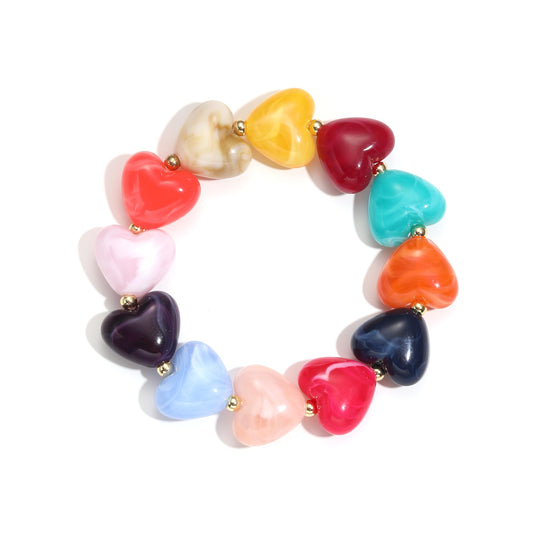 chorfla Colorful Heart Beaded Bracelets for Women, Boho Chunky Resin Elastic Stretch Bracelet, Vibrant Summer Beach Jewelry Gift