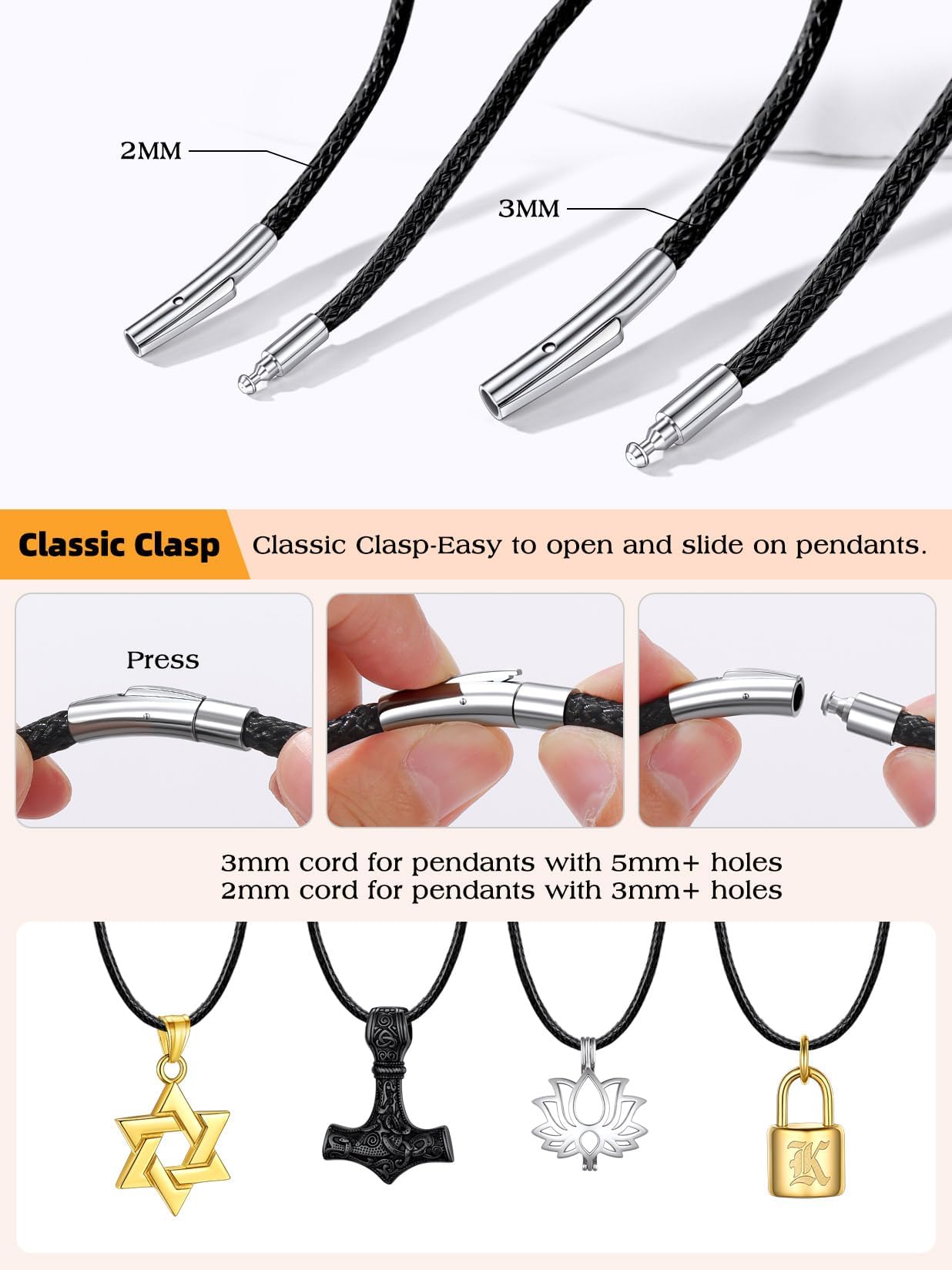 Bestyle 3MM Black Leather Necklace for Men Women,Waterproof Wax Woven Rope Chain with Stainless Steel Clasp, Leather Cord Necklace for Pendants 30"