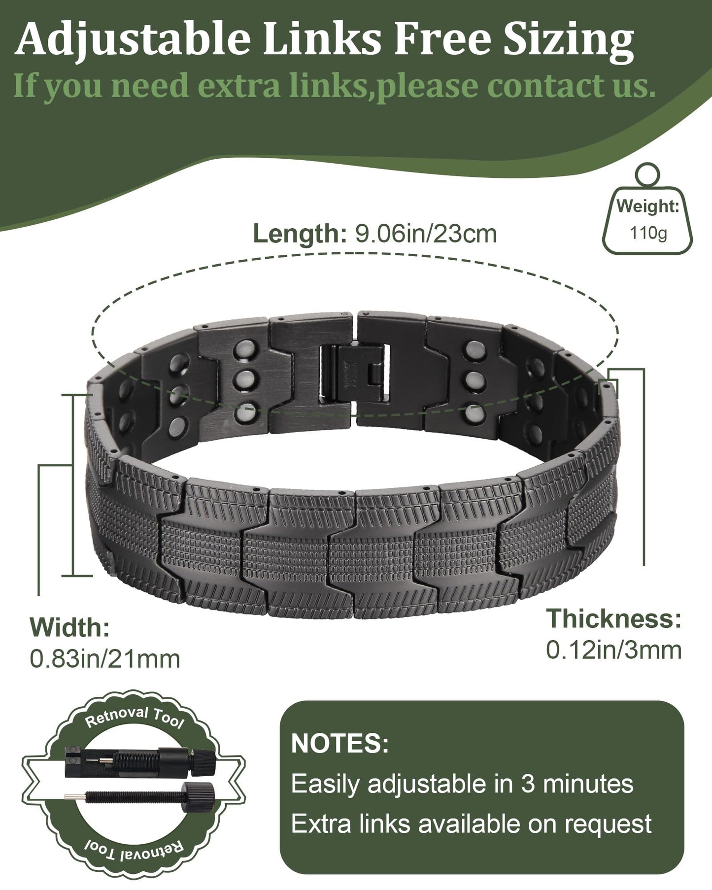 Fashtour 3X Copper Bracelet for Men Triple Ultra Strength Magnets, Masculine Design Pure Copper Magnetic Bracelet & Ring Set, Adjustable Length with Sizing Tool (Gunmetal)