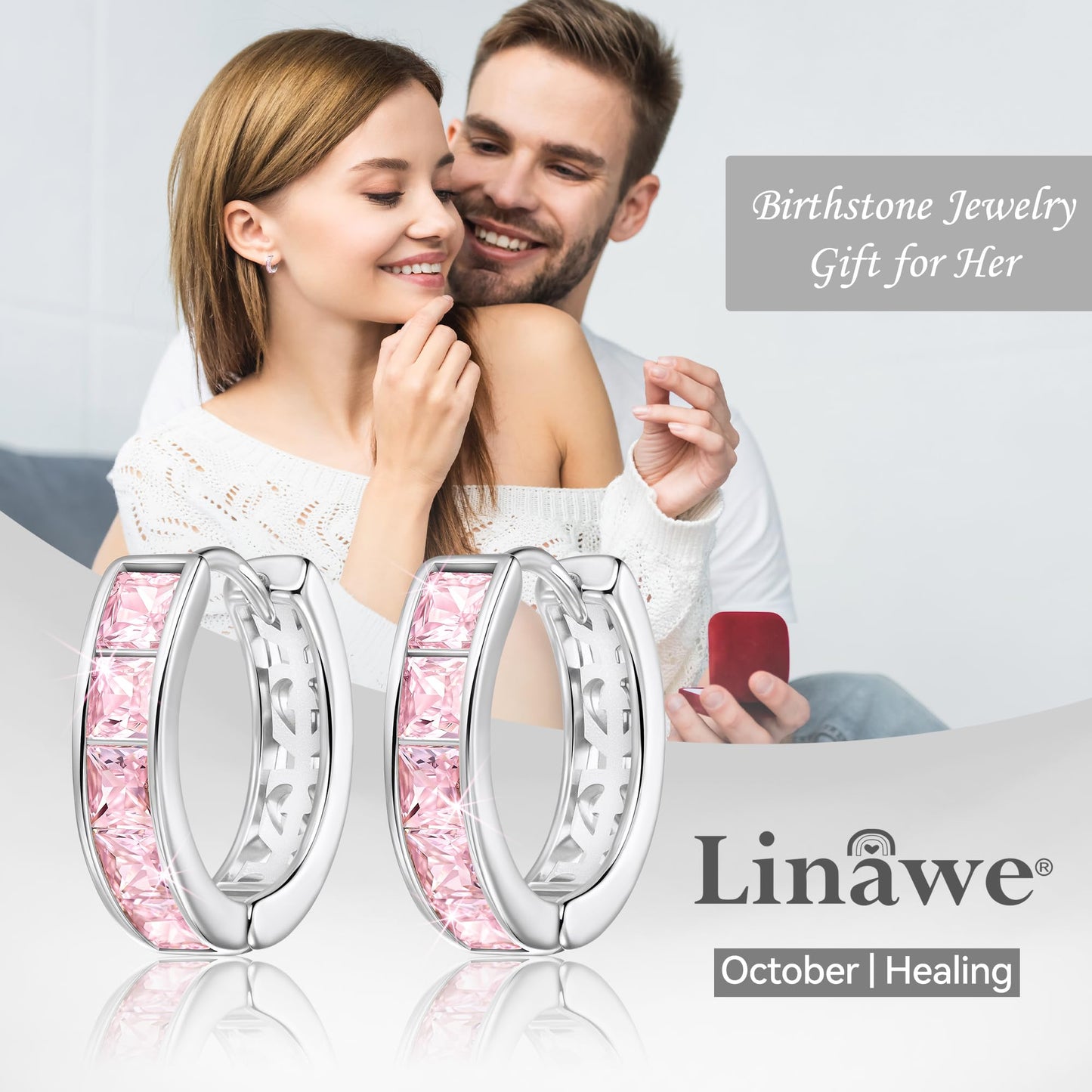Linawe Silver Hoop Earrings for Women Trendy, Pink Cubic Zirconia Moissanite Earrings Studs, Flat Back Helix Pride Cute Small Huggie Earrings, Cartilage Cuff Ear Piercing Nap