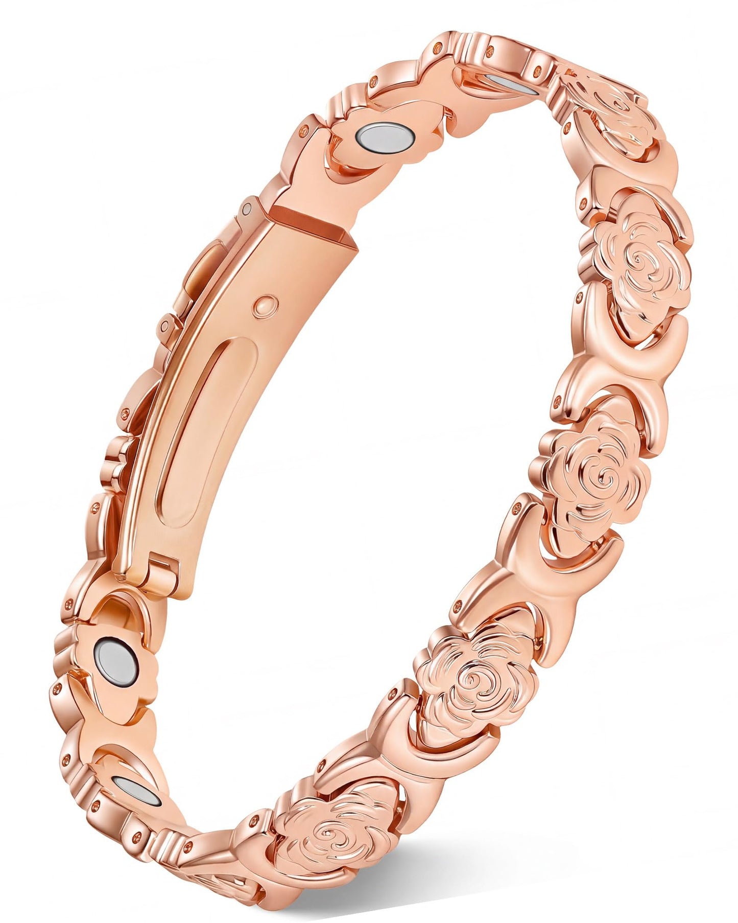 Feraco Pure Copper Bracelets for Women, Ultra Strength Magnetic Bracelet for Women with 3800 Gauss Magnet, Adjustable Flower Real Copper Jewelry Gift with Infinite Rose-Engraved (Rose Gold)