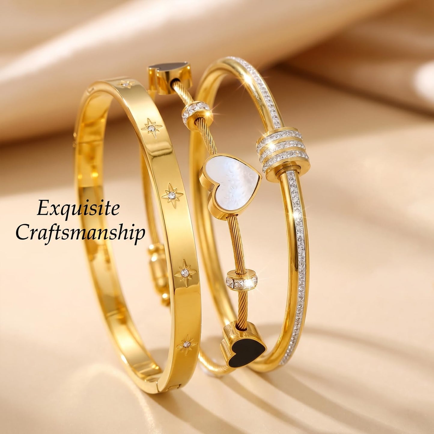 18K Gold Plated Bracelets for Women Stackable Bangle Bracelets Set Stainless Steel Gold Cuff Hinged Heart Bracelet Non Tarnish Waterproof Jewelry Fits 6.5 to 7 Inch Wrist Gift for Women Mothers Day Gift